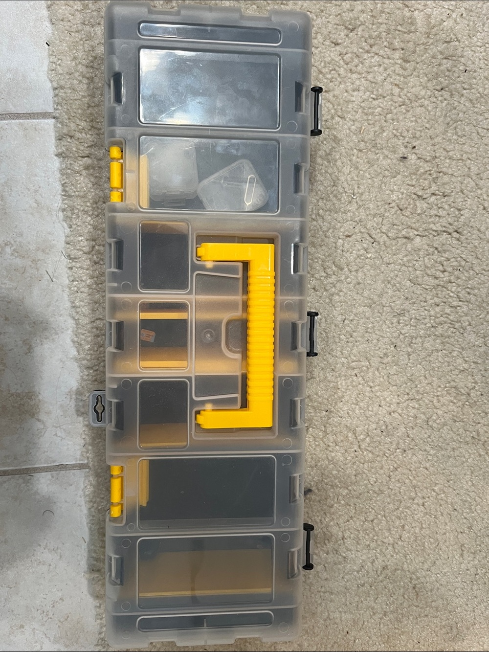18” storage container with handle. Dividers are moveable.